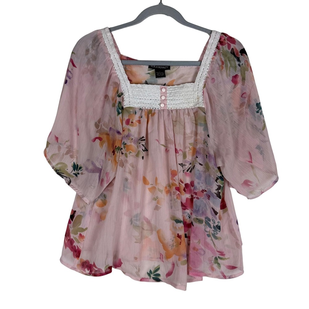 H.R.H ROYALTY Blouse Womens‎ Large Pink Floral Square Neck Kimono Sleeve Tunic